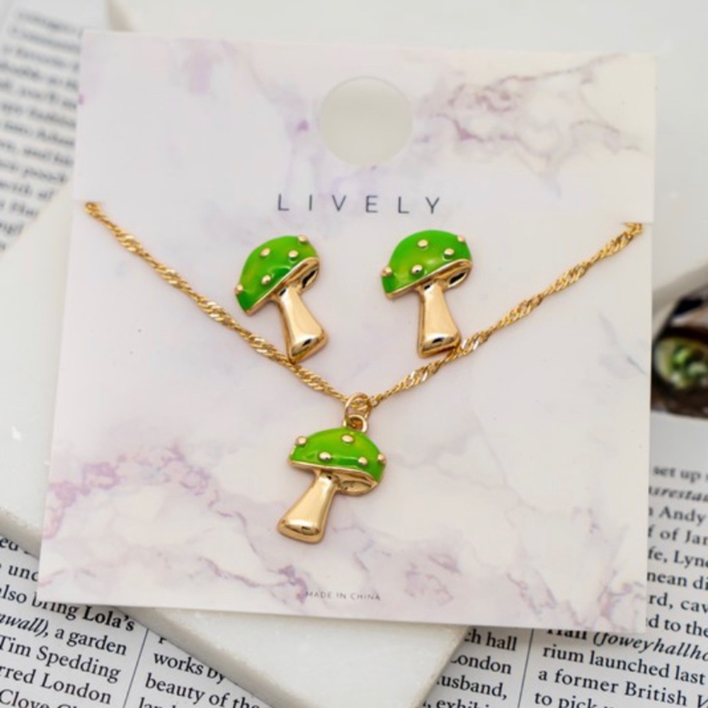 Gold Green mushroom necklace and earrings matching set